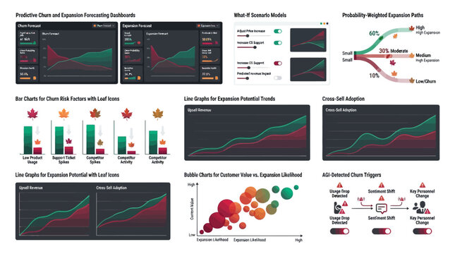 Predictive churn and expansion forecasting dashboards, business data visualization set, financial analytics UI kit with charts and graphs isolated on White Background Editable EPS