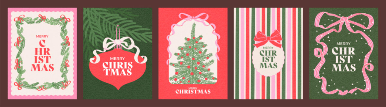 Hand drawn cards set of Merry Christmas and Happy New Year. Vintage cartoon illustrations collection with gift bows, Christmas tree and ball. Retro modern design for poster, cover, banner, invitation