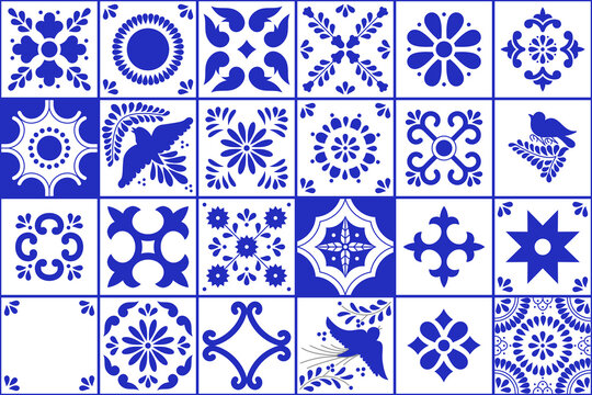 Set of traditional mexican talavera tile patterns. Blue and white ceramic art from Puebla.