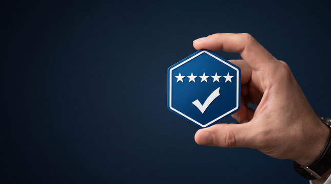 Hand holding a hexagonal emblem with five white stars and a checkmark, representing quality and satisfaction, symbolizing business success and excellent service