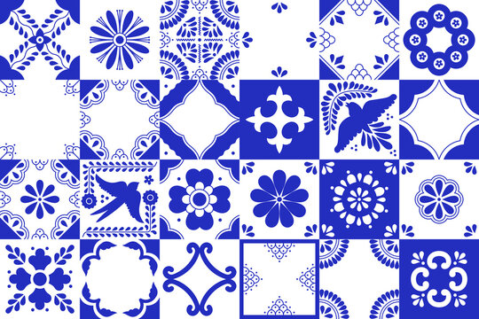 Set of traditional mexican talavera tile patterns. Blue and white ceramic art from Puebla. Mediterranean geometric ornament with flowers, leaves, swirls, bird motifs. Vector background.