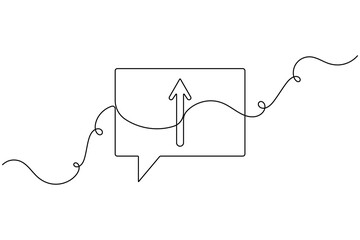 Obraz premium Modern chat speech bubble frame with up arrow icon sign continuous one line drawing on white background minimalist single art social media and message share symbol editable outline vector illustration