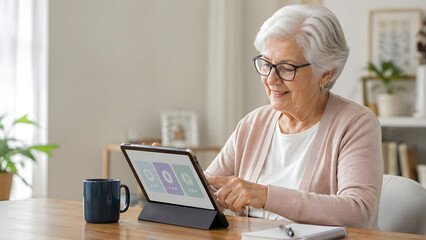 Fototapeta premium Older Woman Learning Digital Skills With Tablet at Home