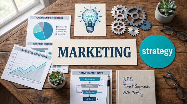 Marketing strategy elements including charts, gears, and lightbulb illustration, symbolizing business planning and innovation.