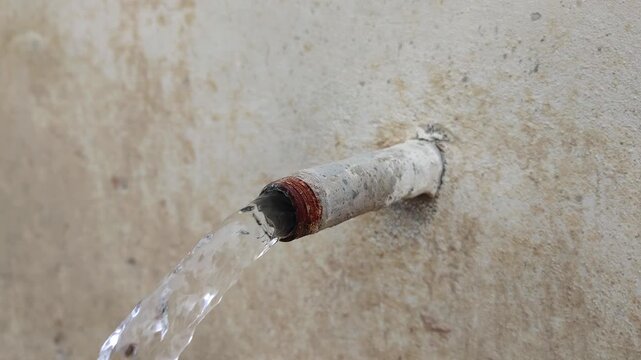 Water flowing from old pipe. Clear liquid stream pouring from a rusty metal tube on a weathered concrete wall background.