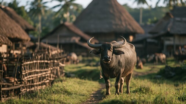 Water buffalo standing on a rural village path, traditional houses and green fields creating a timeless agricultural scene