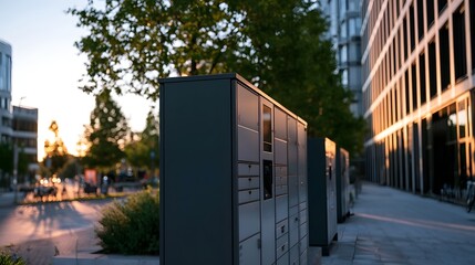 Naklejka premium Modern gray parcel lockers line a city sidewalk beside tall buildings with trees and warm sunlight in the background