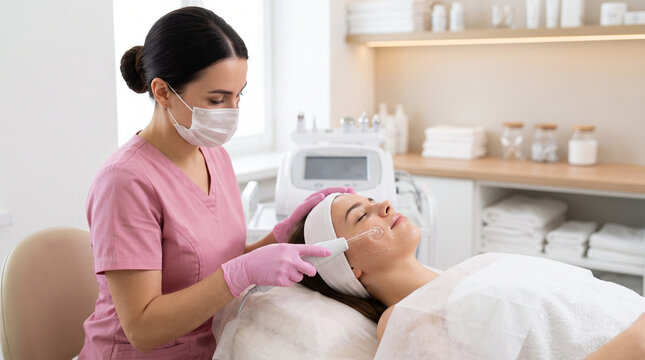 cosmetologist treatment including botox, mesotherapy, dermastamp, laser hair removal, facial cleansing, hydra facial, face massage, peeling, and an anti-age procedure on a female client in a modern ae