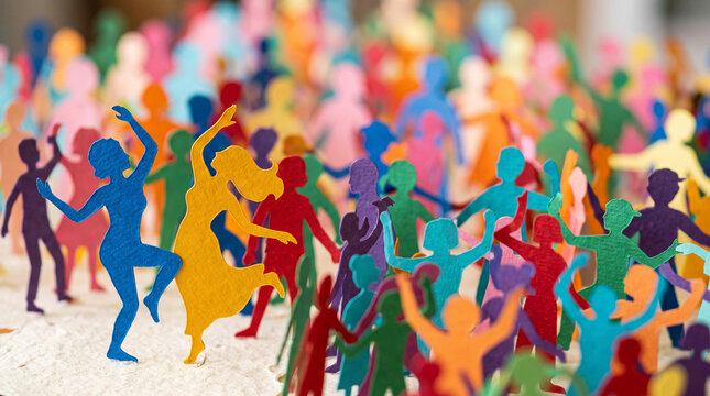 Paper cutout figures in diverse colors dance and celebrate, symbolizing unity, joy, and a vibrant community spirit, perfect for lifestyle or abstract concepts