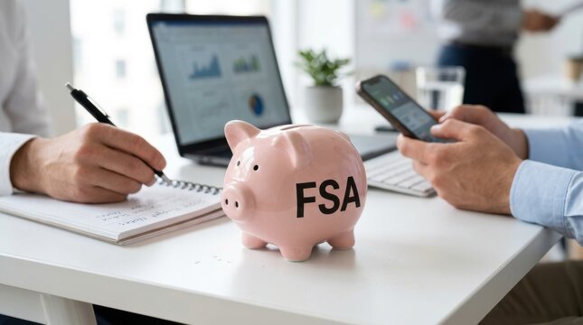Business professionals reviewing FSA savings plan with piggy bank on office desk during financial meeting