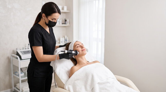 cosmetologist treatment including botox, mesotherapy, dermastamp, laser hair removal, facial cleansing, hydra facial, face massage, peeling, and an anti-age procedure on a female client in a modern ae