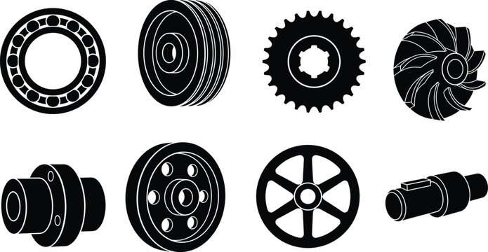 Set of mechanical component silhouettes including ball bearing, pulley, sprocket gear, impeller, coupling, flywheel, wheel, and shaft