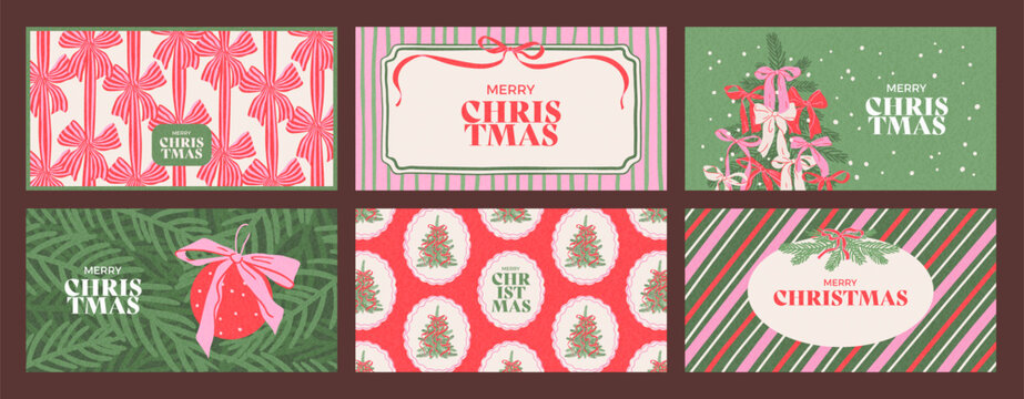 Hand drawn horizontal backgrounds set of Merry Christmas and Happy New Year. Vintage concept with gift bows, Christmas tree and ball. Minimalist design for banner, poster, cover, card, invitation