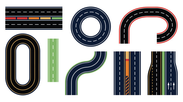 Asphalt road elements set with various tracks and street markings.