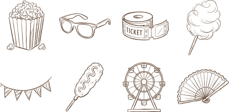 Summer Carnival Icons Set with Popcorn Ferris Wheel and Ticket Vector