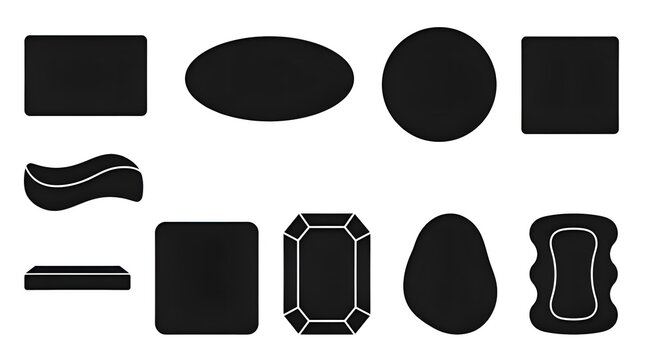 Soap bar shapes and types silhouette vector icon set including rectangular soap, oval soap, round soap, square bar, wave curved soap, thin bar, thick block, beveled edge, pebble shape and ergonomic gr