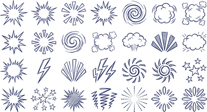 Set of hand drawn comic explosions and lightning symbols in sketch style with comic explosion lightning symbol electric sunburst collection psychedelic explosion