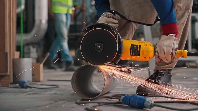 A metalworker wearing protective gloves uses an angle grinder to cut steel, creating sparks in a workshop environment. Focus on safety and precision.