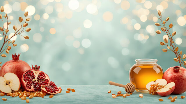 Rosh Hashanah concept with honey jar, fresh pomegranates, sliced apples and golden bokeh background