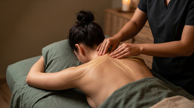 Person receiving therapeutic massage with glowing lines representing energy flow, symbolizing healing, relaxation, and rejuvenation in a spa setting