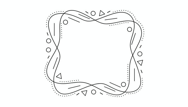 Abstract organic liquid frame with geometric circles and triangles in a black and white minimalist design.