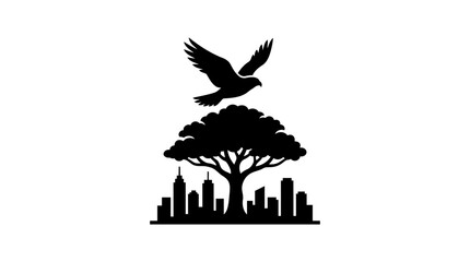 Fototapeta premium Bird flies above a large tree in front of a city skyline.