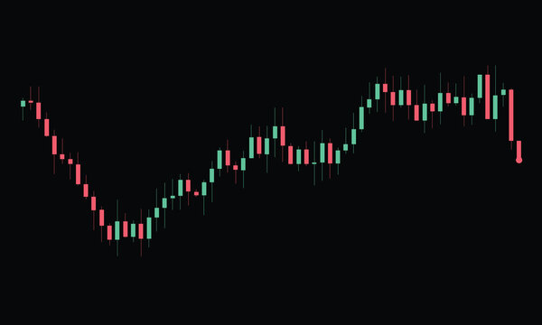 Cryptocurrency and stock trading visual analysis featuring green and red candlestick chart patterns isolated on a dark black background element.