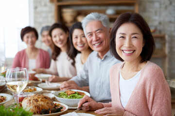Fototapeta premium loving family gathers at cozy elegantly set dining table excitedly waiting for their guests