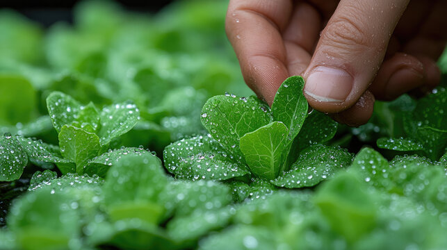 Hand touching delicate green seedling with water droplets, organic gardening, growth, new life, plant care, close-up