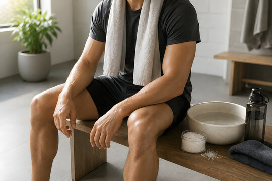 Man resting after a workout beside magnesium flakes and recovery gear with a towel around his neck in a bright fitness space.