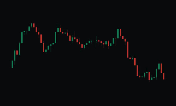 Stock market trading chart with green and red candlesticks showing market volatility, economic trends, and price fluctuations on a dark black background vector