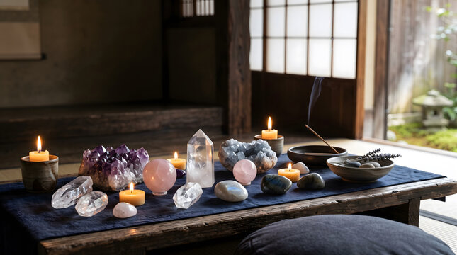 wood, spa Mystical Altar, Meditation Crystals, Beautiful esoteric and mystical altar for meditation with crystals and semi-precious stones, Zen Temple