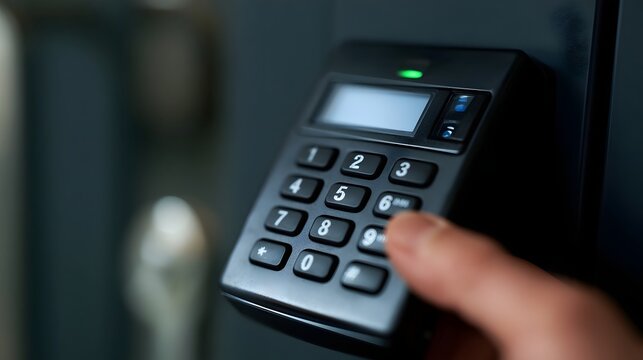A hand presses a button on a black numeric keypad mounted on a dark surface  with a small screen and green indicator light