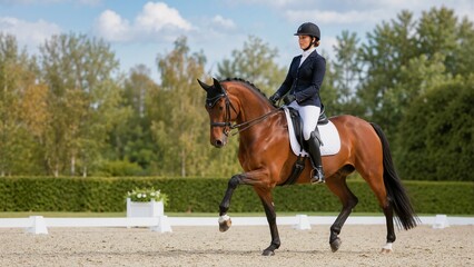 Naklejka premium Female equestrian riding a bay horse in a dressage competition. Woman performing equestrian sports in an outdoor arena. Horseback riding and equestrianism concept