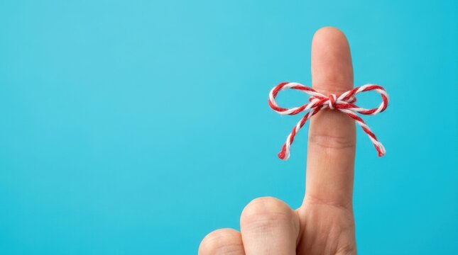 Hand with red string tied around index finger against bright blue sky background