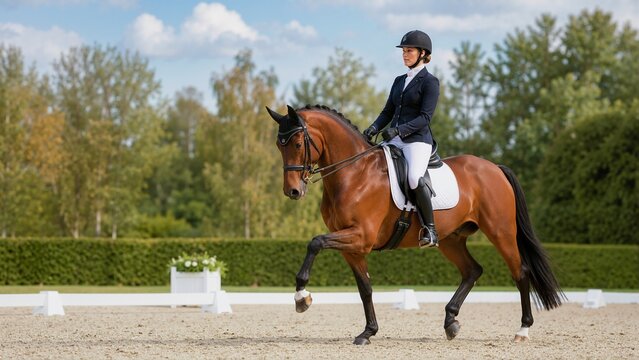 Female equestrian riding a bay horse in a dressage competition. Woman performing equestrian sports in an outdoor arena. Horseback riding and equestrianism concept
