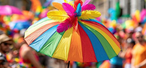 Fototapeta premium A vibrant carnival umbrella adorned with feathers highlights a joyful street festival celebrating Brazilian culture.