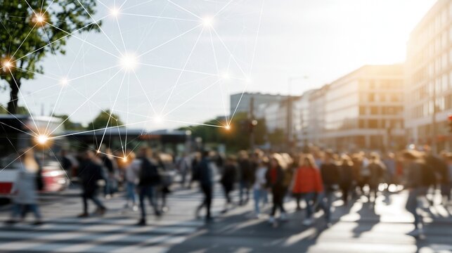 Blurred crowd crossing street with digital network overlay symbolizing connectivity in urban environment