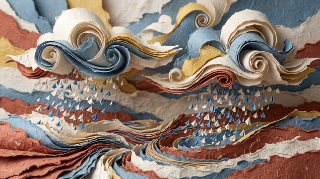 Abstract torn paper landscape featuring swirling rain clouds drops in blue yellow terracotta and white presentation background template