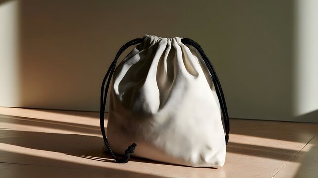 A beige drawstring bag with black cords sits on a wooden floor bathed in warm sunlight  casting soft shadows on the wall behind