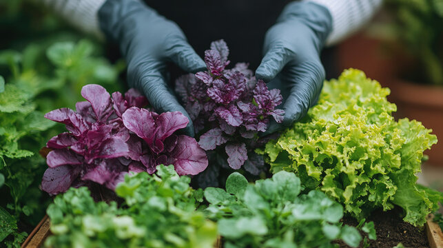 Gardening Hands Planting Purple Ajuga Plant Among Fresh Lettuce and Green Herbs in Garden Bed