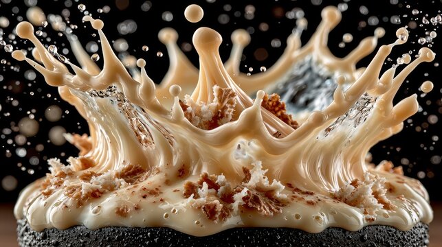 Brown mocha drink splashing on a dark surface, creating an impactful liquid crown and flying droplets