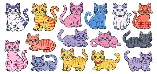 Obraz premium Vibrant cat illustrations showcasing joyful expressions and lively poses on a crisp white backdrop for animal-themed products.