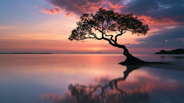 Minimalist tropical sunset creating a vibrant sky reflection over calm water with a single silhouette tree