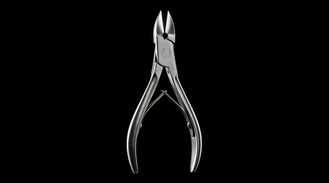 Professional stainless steel nail nippers for pedicure and foot care isolated on black background.