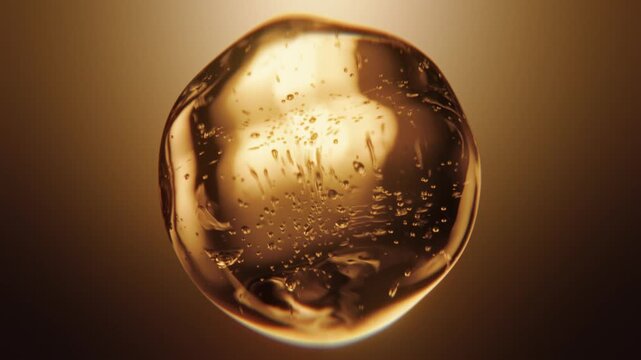 Luxury golden serum liquid bubble. Beauty cosmetics macro 3D abstract background. Bio moisturizer essence gel or oil drop. Collagen fluid molecule. Moisturizing peptide face cream. Skin lifting lotion