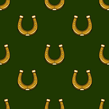 Seamless vector pattern with golden horseshoes on a dark green background