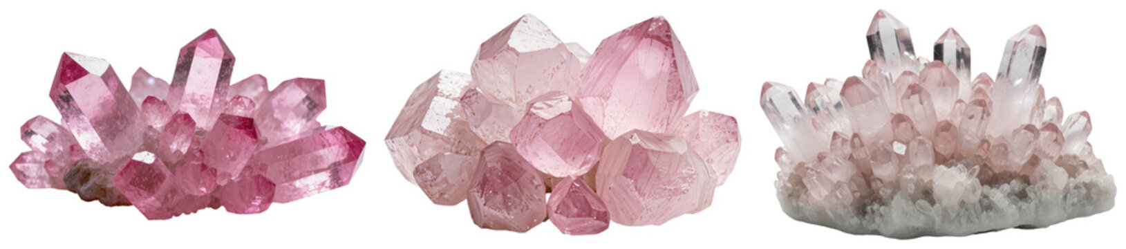 Three clusters of pink quartz crystals isolated on a white background