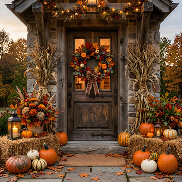 Rustic autumn front porch entrance decorated with pumpkins hay bales corn stalks and a seasonal wreath entrance cornstalk exterior seasonal