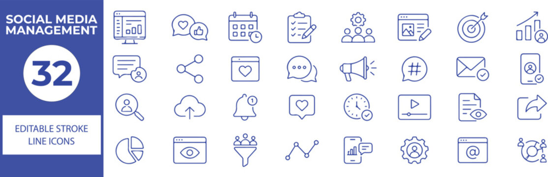 32 Social Media Management Vector Outline Icons Set,Content Planning, Scheduling, Engagement, Marketing and Social Network Line Symbols Collection